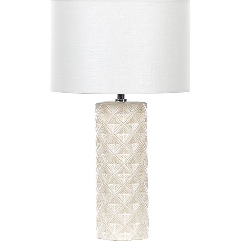 Lámpara de mesa de cerámica beige pantalla de tela blanco 49 cm patrón geométrico sala de estar dormitorio Balonne