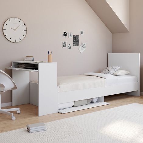 Cama individual OMAHA de 90 x 190 cm con somier, cabecero, escritorio y armarios blancos