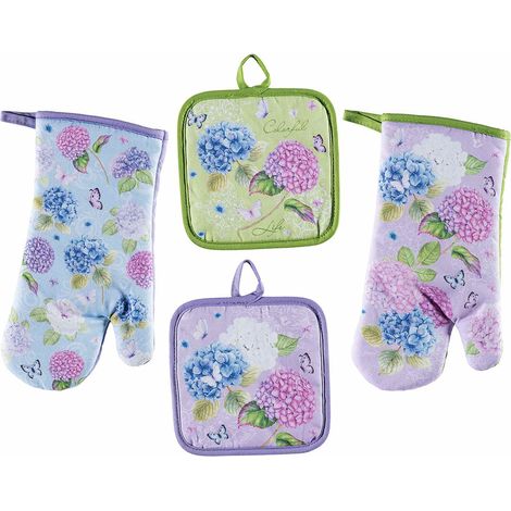 Set tessili cucina con guanto e presina con decori ortensie, set da 4 pezzi, Guanto: cm 17 x 30 H