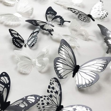 BRAVIX 36 Pièces 3D Coloré Papillon Cristal Stickers Muraux avec Adhésif Art Decal Papier Satin Papillons Bébé Enfants Chambre Maison DIY Décor (Noir et Blanc)