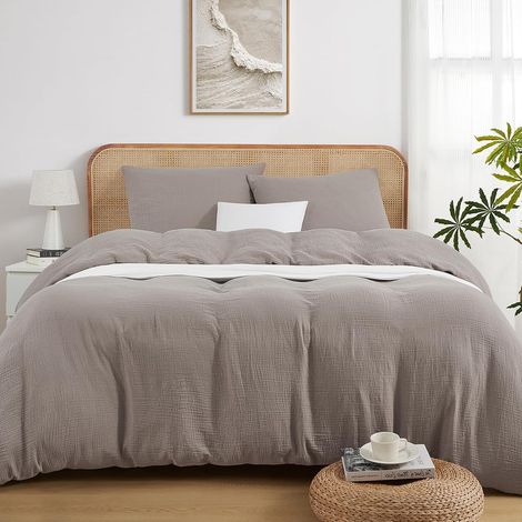Housse de Couette 240x220 Gaze de Coton Ultra Doux et Respirant Parure de lit Marron - Housse de Couette 240x260 + 2 Taies d'oreiller 65x65 (1/5)