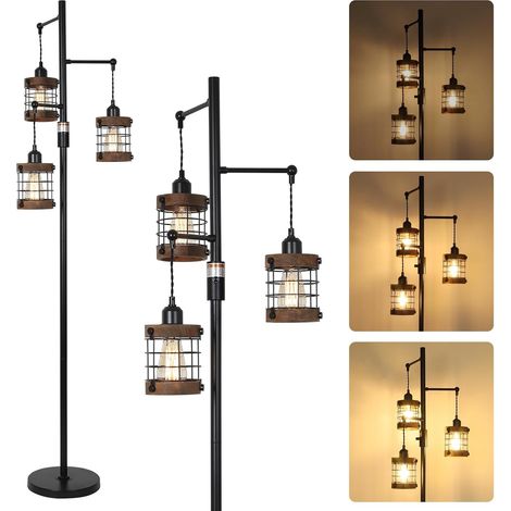 Lampe sur Pied Réglable à 3 Lumières Vintage avec Abat-jour en Bois  Lampadaire Noir Salon, Lampadaire Industriel Chambre à Coucher avec Abat-jour en Bois, Lampe de Salon sur Pied, Floor Lamp (1/5)