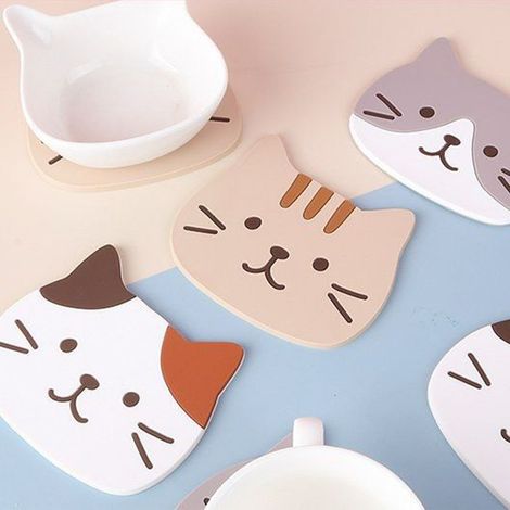 Dessous de verre créatif et mignon en forme de chaton, tapis isolant thermique en PVC, set de table en silicone antidérapant et imperméable avec fleurs (1/5)