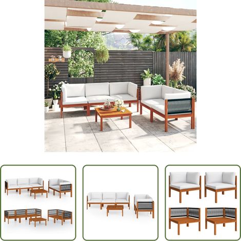 Canapé de jardin - Salon de jardin 6 pièces avec coussins, bois d'acacia crème et corde (1/5)