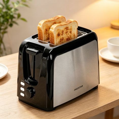 Grille-pain électrique 2 tranches 750W acier inoxydable, 7 niveaux brunissage fonctions décongeler/réchauffer/annuler, compact efficace pour petit déjeuner (1/4)