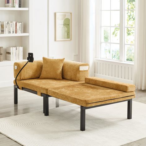 Canapé convertible pliant 1 place avec lit escamotable, structure en bois massif, velours jaune (1/5)