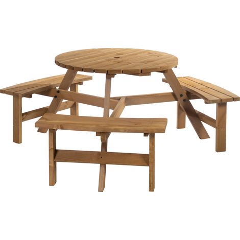 Wooden Garden Dining Set, 6 Seater Round Dining Picnic Table with Matching Bench, Garden Furniture Set with Parasol Hole for Outdoor Patio Party and Family Garings, Brownish Red (1/5)