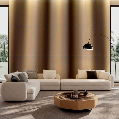 Akustik-Wandpaneele 115x60 cm aus MDF und Polyester, Eiche Weiß, für Wohnzimmer – MEUBLIV (1/5)