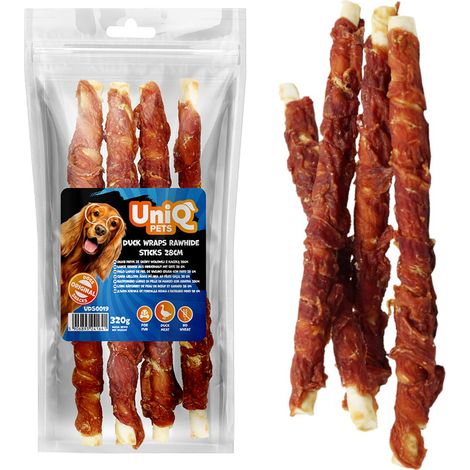 Snack per cani, bastoncini lunghi in pelle con anatra UniQ Pets 4 pezzi. (1/4)