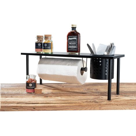 Étagère universelle avec porte-rouleau Blanco, étagère de cuisine, gain de place sur le plan de travail, support pour le rangement d'ustensiles de cuisine, acier inoxydable/MDF, 55 x 21 x 18 cm