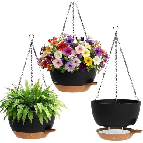 Lot de 3 pots de fleurs avec système d'arrosage, pot d'arrosage automatique, pot de fleurs suspendu intérieur & extérieur pour balcon, salon, cuisine (Noir) (1/5)