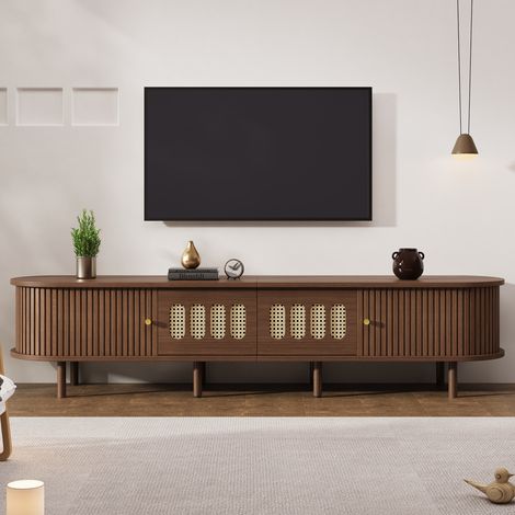 Meuble TV en bois 180 cm ovale avec deux tiroirs et une porte à enroulement Meuble tv bas design rotin meuble de salon Noyer Foncé (1/5)