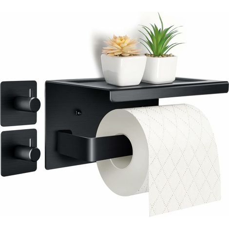 Portarrollos de papel higiénico de aluminio sin necesidad de taladrar, con estante de 17 cm, autoadhesivo con 2 ganchos adhesivos, para baño.