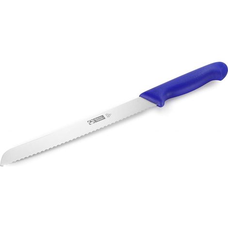 Couteau à pain (acier inoxydable), lame ondulée unilatérale, manche en plastique bleu, lame 24 cm