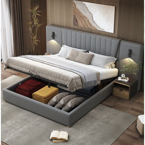Cama tapizada moderna 180x200 cm en terciopelo gris, cabecero extra largo, luces de lectura USB, arcón hidráulico (1/5)