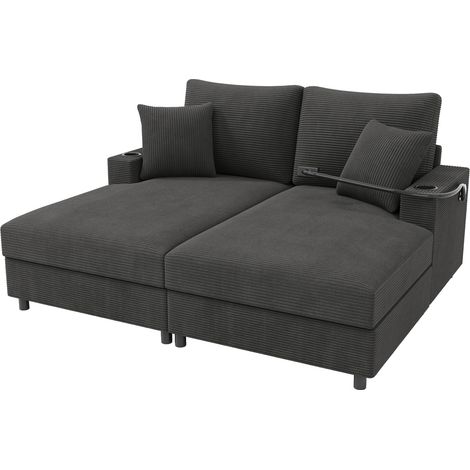 Sofá cama de 2 plazas gris en pana con función relax, USB, soporte móvil y portavasos (1/5)