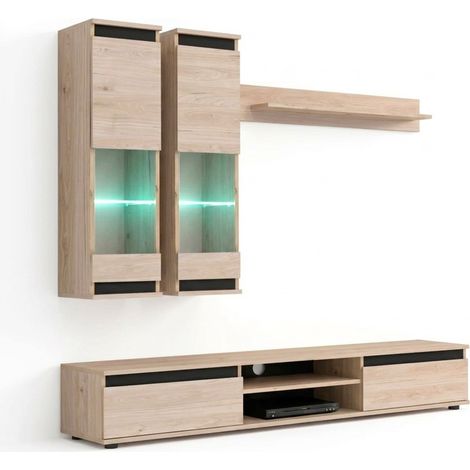 Parete Attrezzata Soggiorno Mobile Tv Vetrine Led Mensola Design Moderno Living Contenitore Multimediale Vani Giorno Cassetti Resistente 175x 150x 37 Cm Rovere Chiaro E Nero (1/5)