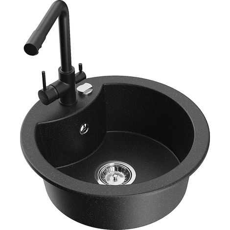 Mexen Diego Granitspüle 1-Kammer mit Küchenarmatur Duero, schwarz/silberner Metallic - 6512-73-671600-70 (1/5)