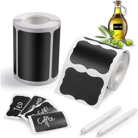 Étiquettes pour tableau noir, 2 rouleaux de 300 étiquettes adhésives noires + 1 marqueur à craie, étiquettes adhésives réutilisables (1/4)