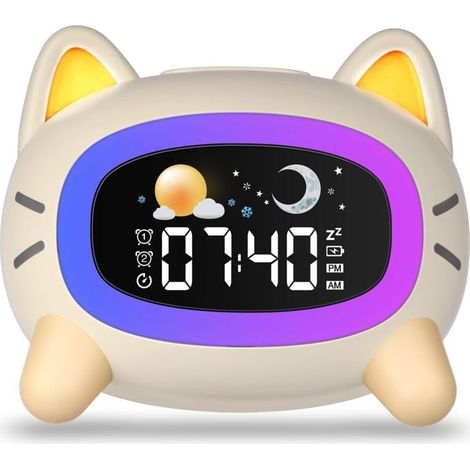 Reloj despertador infantil con luces, 5 luces nocturnas, 4 niveles de luz ajustables y 7 melodías para dormir. Reloj despertador recargable con función de repetición de alarma para niños.