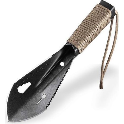 Pelle de camping multifonctionnelle pour petits outils de plein air, pelle militaire portable en acier inoxydable avec clé hexagonale et règle intégrée.
