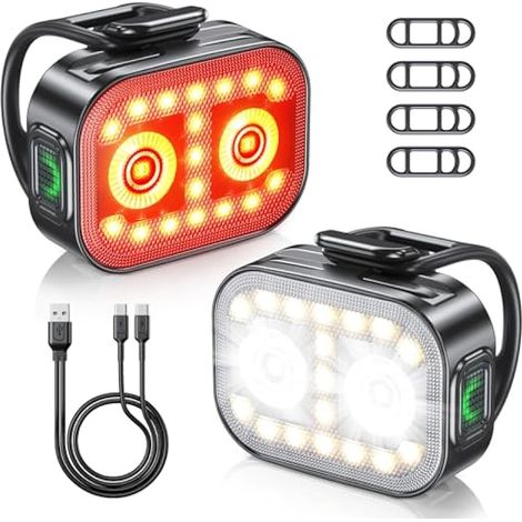 Lumières de vélo super brillantes, ultra-fines et légères rechargeables avant et arrière, [5+6 modes] double USB-C, IP65 étanches, feu arrière VTT cyclisme (1/5)