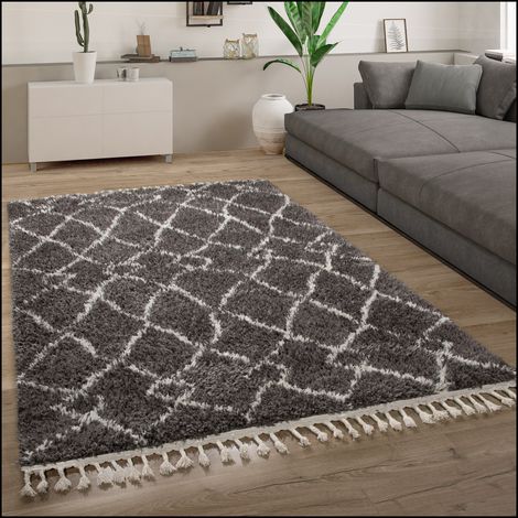 Paco Home Hochflor Teppich Wohnzimmer Shaggy Skandinavisch Fransen Flauschig Modern 140x200 cm, Anthrazit