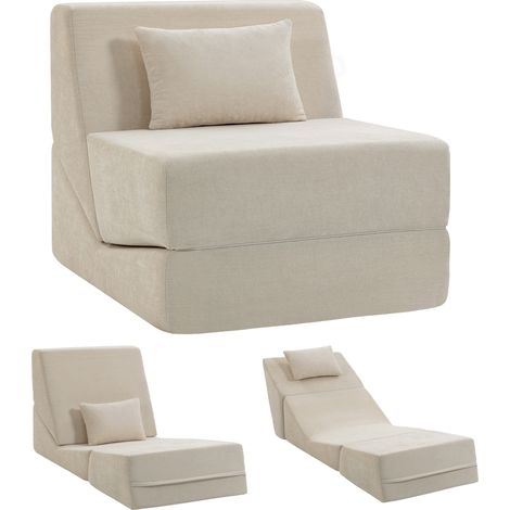 Canapé-lit pliant - HOMCOM - chauffeuse 1 place convertible 3 en 1 - dossier et coussin - compressé - chenille - 76x90x74cm - beige (1/5)