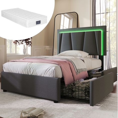 Etagenbett 90/200 cm in Grau mit LED, 2 Schubladen und höhenverstellbarem Kopfteil (1/5)