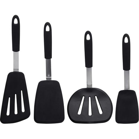 Set de 4 spatules en acier à ressort avec tête en silicone noir - Ustensiles de cuisine antiadhésifs pour poêles, omelettes, steaks, crêpes et autres préparations culinaires. (1/5)