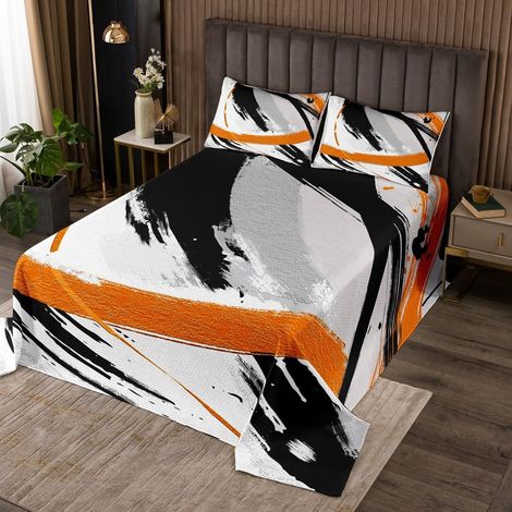Couvre-Lit 260x240 cm avec 2 Taies d'oreiller, Dessus de Lit Noir Gris Orange, Couverture de Lit Coups de Pinceau, Jetés de Lit Vintage Abstraite Dégradé Graffiti (1/4)