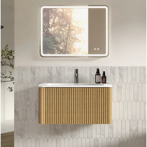 Set mobile bagno sospeso 80 cm con lavabo e specchio LED 60x80 cm rovere OKWISH (1/5)