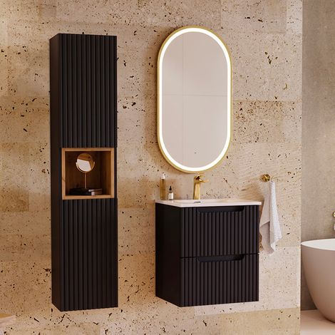 Ensemble meuble simple vasque encastrée 50cm 2 tiroirs et colonne Riva Noir et Bois (1/5)