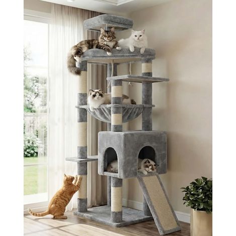 Arbre à Chat Robuste 163 cm, Structure élargie Grandes Plateformes. Arbre a Chat avec hamac XXL, griffoir sisal intégré. Couchage et mobilier pour Chats, Design Stable, Gris Clair HCT027W (1/5)