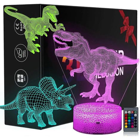Veilleuse dinosaure 3D pour garçons - 3 motifs et 16 couleurs tactiles avec télécommande, veilleuse dinosaure pour chambre de garçon, illusion 3D dinosaure