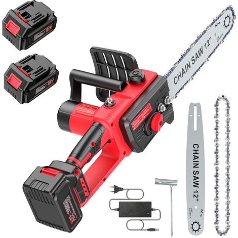 Brushless Mini Tronconneuse a Batterie 12 Pouces, 6000mAh Tronçonneuse Électrique Sans Fil Portable et 2  3000mAh Batteries,Lubrification Automatique pour la Coupe Du Bois, Les Branches D'arbres. (S) (1/5)