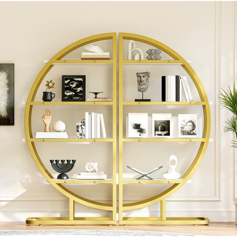 Libreria da terra modulare ad arco 120x30x130 cm con 4 ripiani in MDF bianchi e telaio dorato (1/5)