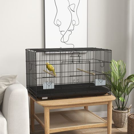 Cage Oiseaux Métallique Plateau Amovible Perchoirs Mangeoires Noirs Animaux Compagnie 77x46x45cm (1/4)