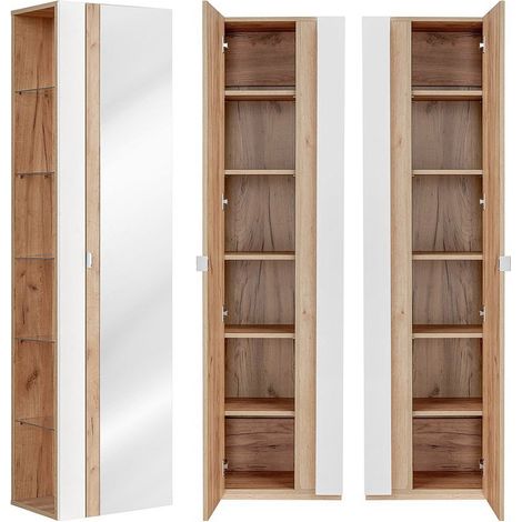 Badezimmer Hochschrank mit Spiegel TOSKANA-56 in Weiß-Hochglanz B/H/T ca. 45/170/33cm (1/4)