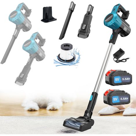 Aspirapolvere portatile, 3 in 1 elettrico senza fili verticale per pavimenti in legno, tappeti, peli di animali, auto, 2 batterie da 5,5 A + caricabatterie, compatibile con batteria Makita