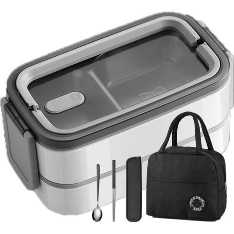 boîte à lunch isotherme,304Boîte à lunch portable blanche en acier inoxydable à 3 compartiments + cuillère, baguettes + sac (1/5)