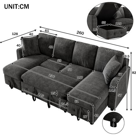 Sofá cama moderno en forma de U de chenilla con función de cama, sofá cama con 2 chaise longues con espacio de almacenamiento, sofá cama extensible con 1 puerto USB y 1 puerto de carga tipo C, con 2 c (1/5)