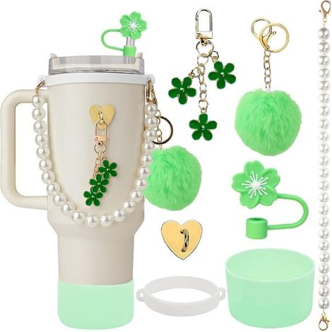 Ensemble d'accessoires pour gourde, chaîne de perles, cordelette, chapeau de paille à motif bégonia, manchon en silicone et pendentif pompon 13 (1/5)