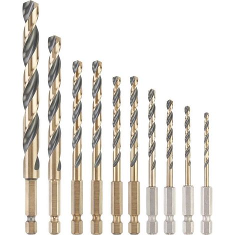 DeWalt DT20620-QZ, Surtido de brocas para metal HSS-G, 10 piezas, Hexágono interior y acabado de óxido dorado, Resistente a impacto, Uso en atornilladores de impacto y de broca, en estuche pequeño