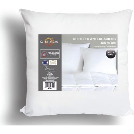 Soleil D Ocre – Oreiller carré anti-acarien LUXE 60x60 cm – Enveloppe 100% polyester microfibre – Garnissage 100% polyester fibre creuse siliconnée 650g