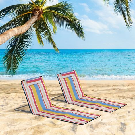Lot de 2 matelas de plage pliants – Chaise longue avec dossier réglable 5 positions, cadre en acier, tissu PE résistant aux UV, housse de transport incluse – Idéal pour plage, piscine et jardin – Mult (1/5)