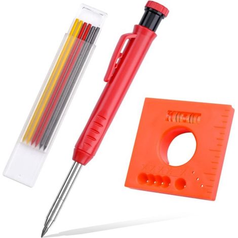Set de Crayon de Charpentier Solide pour Construction avec 7 Recharges Taille-Crayon Intégré, Marqueur de Crayon Mécanique à Trou Profond à Long Nez pour Fête des Pères (Rouge)