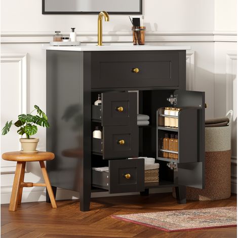 Mueble bajo lavabo (61x47x86 cm), con cajón abatible, 3 cajones, puerta con estantes, cerámica y MDF negro (1/5)