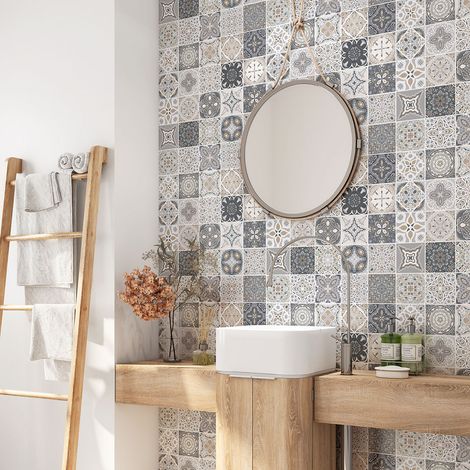 Crédence adhésive salle de bain - Motif carreaux de ciment - 60x60 cm - Adhésif BRILLANT (1/4)