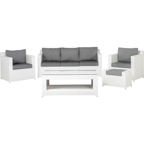 Conjunto de jardín de ratán sintético blanco con cojines grises 6 plazas con mesa y otomana Roma (1/5)